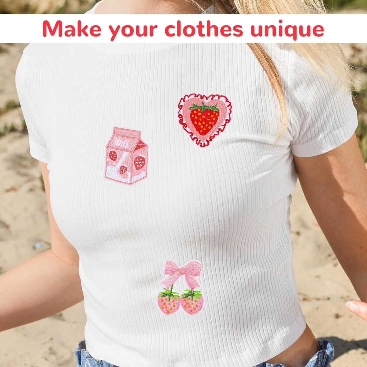12PCS Strawberry Iron on Patches,Cute Patches Iron on Fruit Bow Embroidered Patch for Clothing Backpack Hat Bags