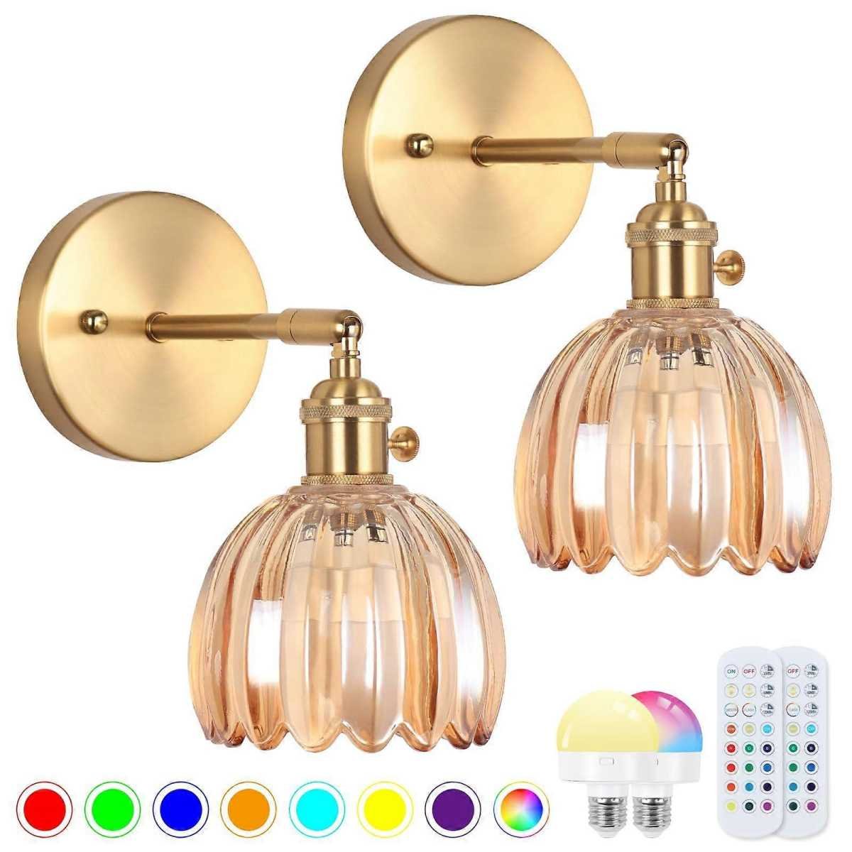 Battery Operated Wall Sconce Set of 2, Vintage Gold Amber Glass, Rechargeable LED, Remote