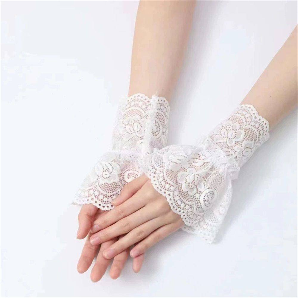 2 pairs Women's Short Lace Gloves Fingerless for Driving Wedding Wrist Length Bridal Prom Gloves（white）