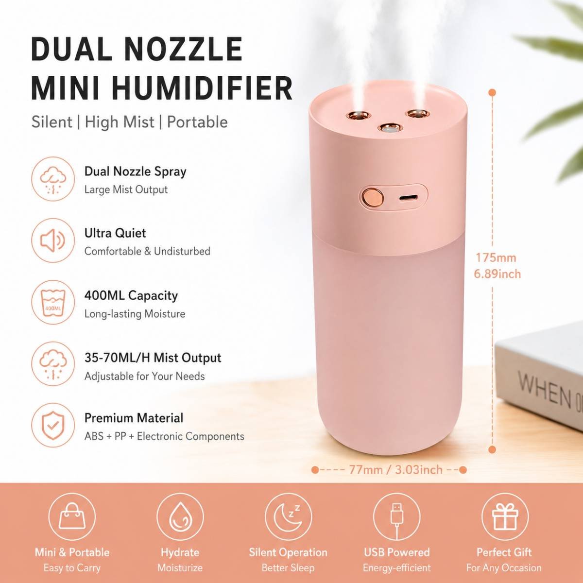 Pink Dual Spray USB Humidifier with Warm LED Night Light - 400ml Mini Portable Desk and Car Humidifier, Quiet Mist Output, ABS and PP Construction, Compact Rechargeable Moisture Solution for Home Office Travel