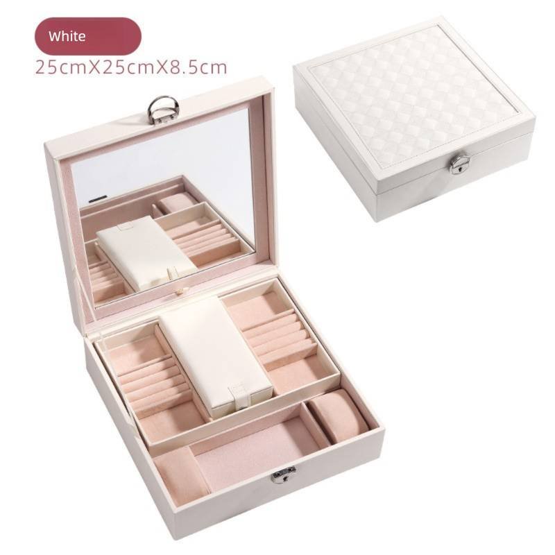 White Large PU Leather Jewelry Box with Mirror & Lock - Velvet Lined Organizer for Rings, Necklaces & Watches