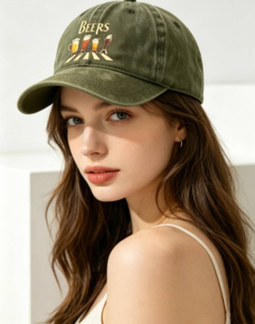 Washed Distressed Beer Print Baseball Cap - Vintage Cotton Adjustable Dad Hat for Men - Outdoor Sun Protection Casual Cap - Green