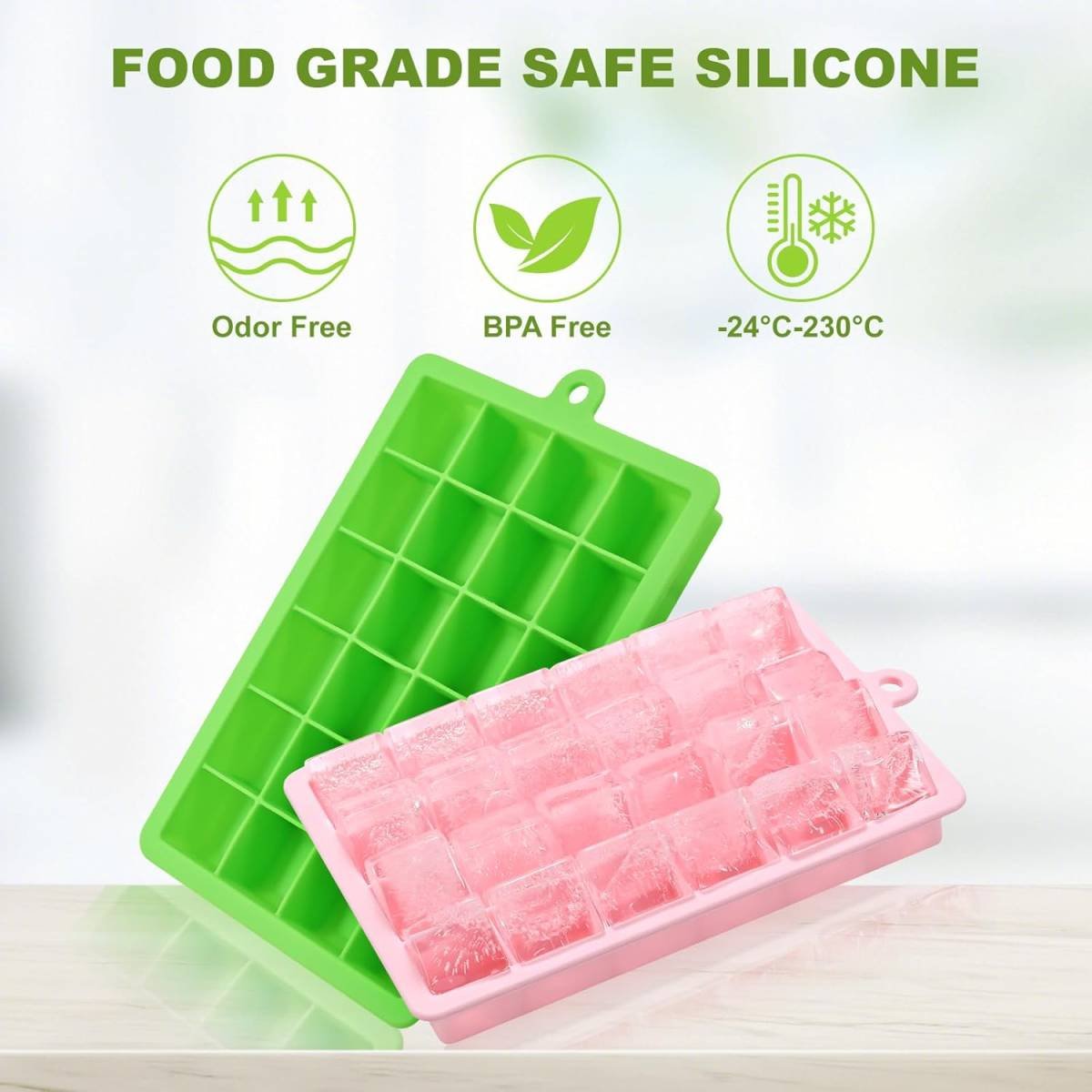 Silicone ice cube trays, flexible ice cube molds with removable lids, set of 2 ice cube trays, 24 ice cube molds per tray, suitable for whisky (pack of 2) (pink + green)