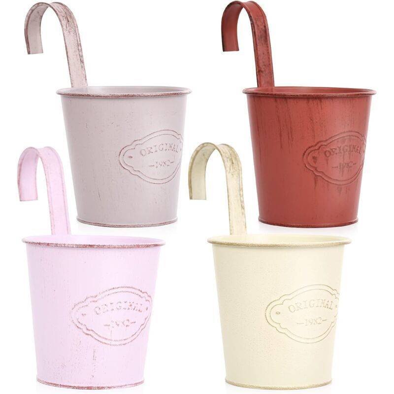 4 Pieces Small Colorful Hanging Planter with Detachable Hook, Metal Balcony Planter, Vintage Hanging Planter for Balcony, Indoor Outdoor Wall Garden