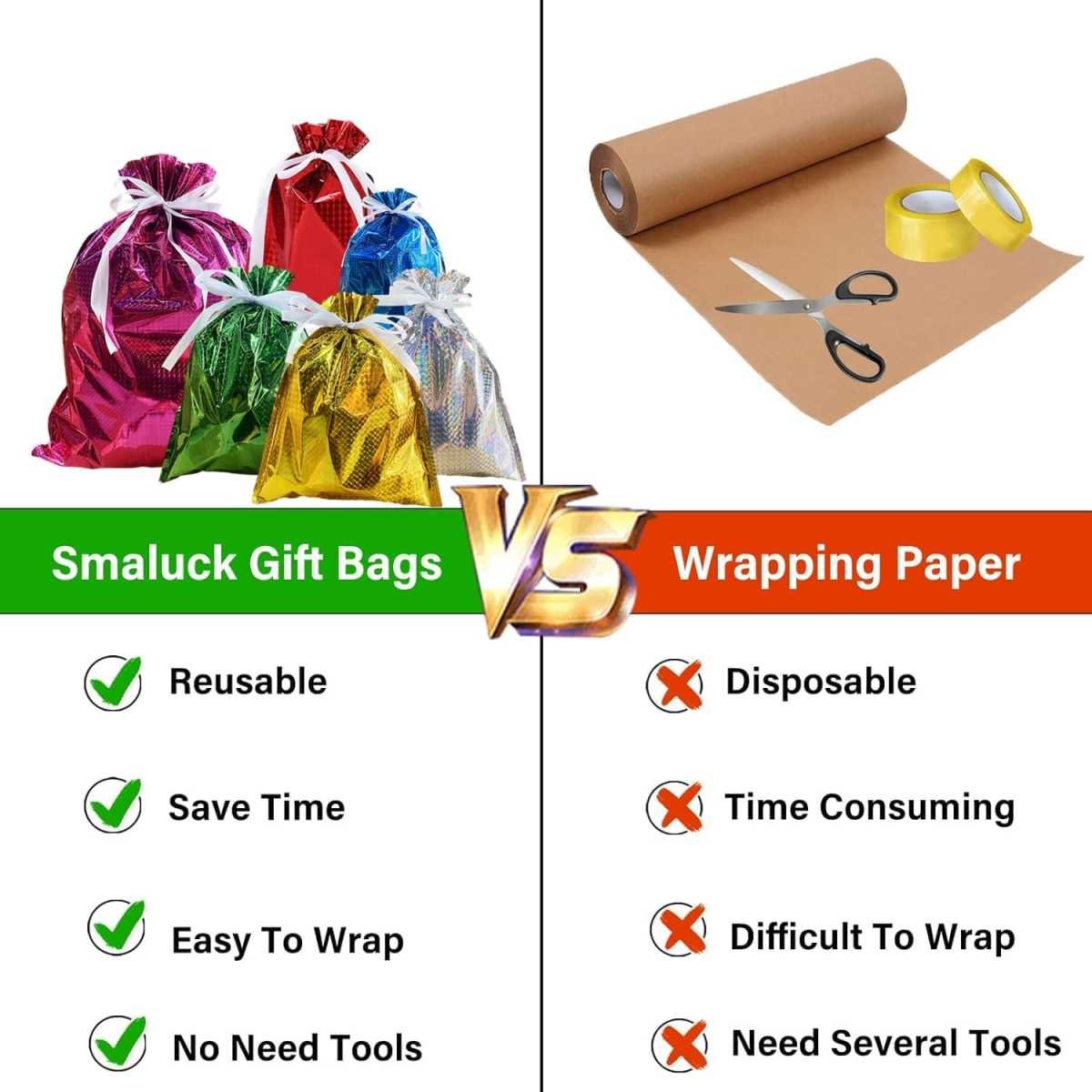 24 Pack Foil Gift Bags Drawstring Solid Color Present Wrapping Bags, 6 Shimmer Multipack Bag, Jumbo Christmas Bag, Reusable Large Xmas Bag for Presents Birthday Wedding Party color-24p