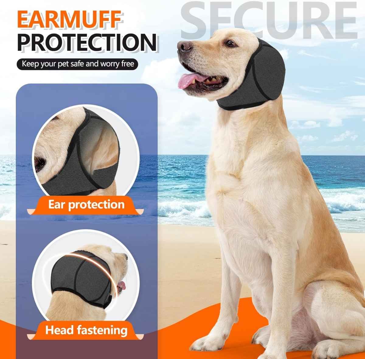 Dog Ear Covers Grey L-Shaped Soundproof No Cap Elastic Waterproof for Hematomas Bathing Drying Swimming Grooming Head Coverage