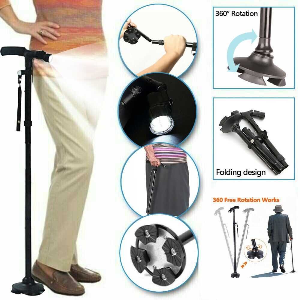 Folding Walking Stick Cane with Adjustable Height and LED Light Support