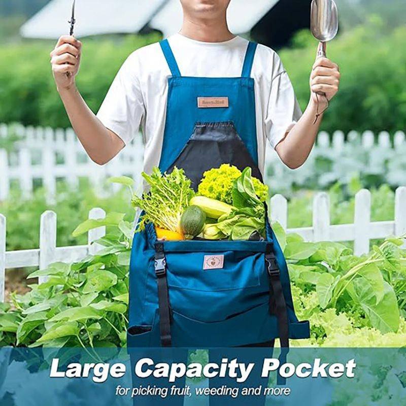 Oxford Cloth Waterproof Gardening Apron, Large Capacity Kangaroo Pocket, Cross Back Straps Comfortable, Great Helper for Picking and Weeding(pitch green)