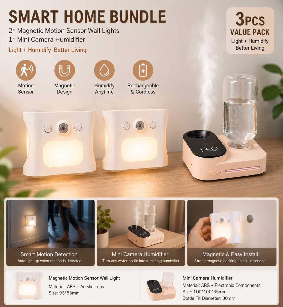 3PCS Smart Home Atmosphere Set – Pink USB Rechargeable Camera Humidifier & 2pcs White RGB Motion Sensor Wall Light, Magnetic Wireless Night Lamp with Remote Control for Bedroom, Living Room & Office