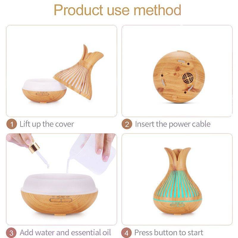Wood Grain Flower Vase Diffuser and Humidifier, 7-Color LED Light, Timer, and Remote Control, 500 mL Ultrasonic Aroma Diffuser—Dark Wood
