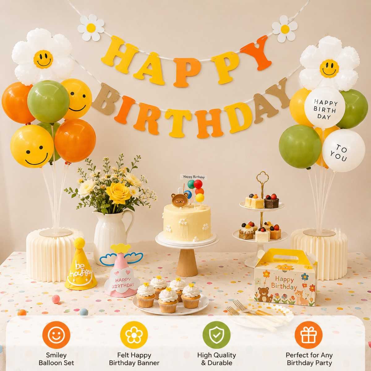 3-pcs Birthday Party Decoration Set with 2-pack Smiley Daisy Balloon Centerpieces & Orange and Yellow Happy Birthday Felt Banner, Kids Birthday Party Decor Kit, Photo Booth Backdrop Supplies,