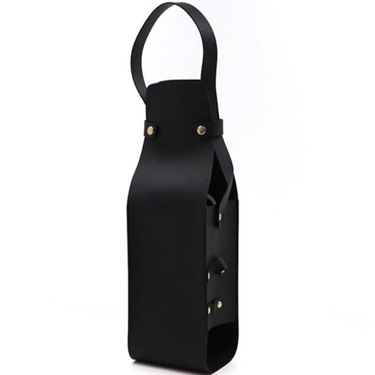 Single Bottle Wine Riveted Carrier, Handmade from Leather, for Wedding, Birthday, Party and Holiday - black