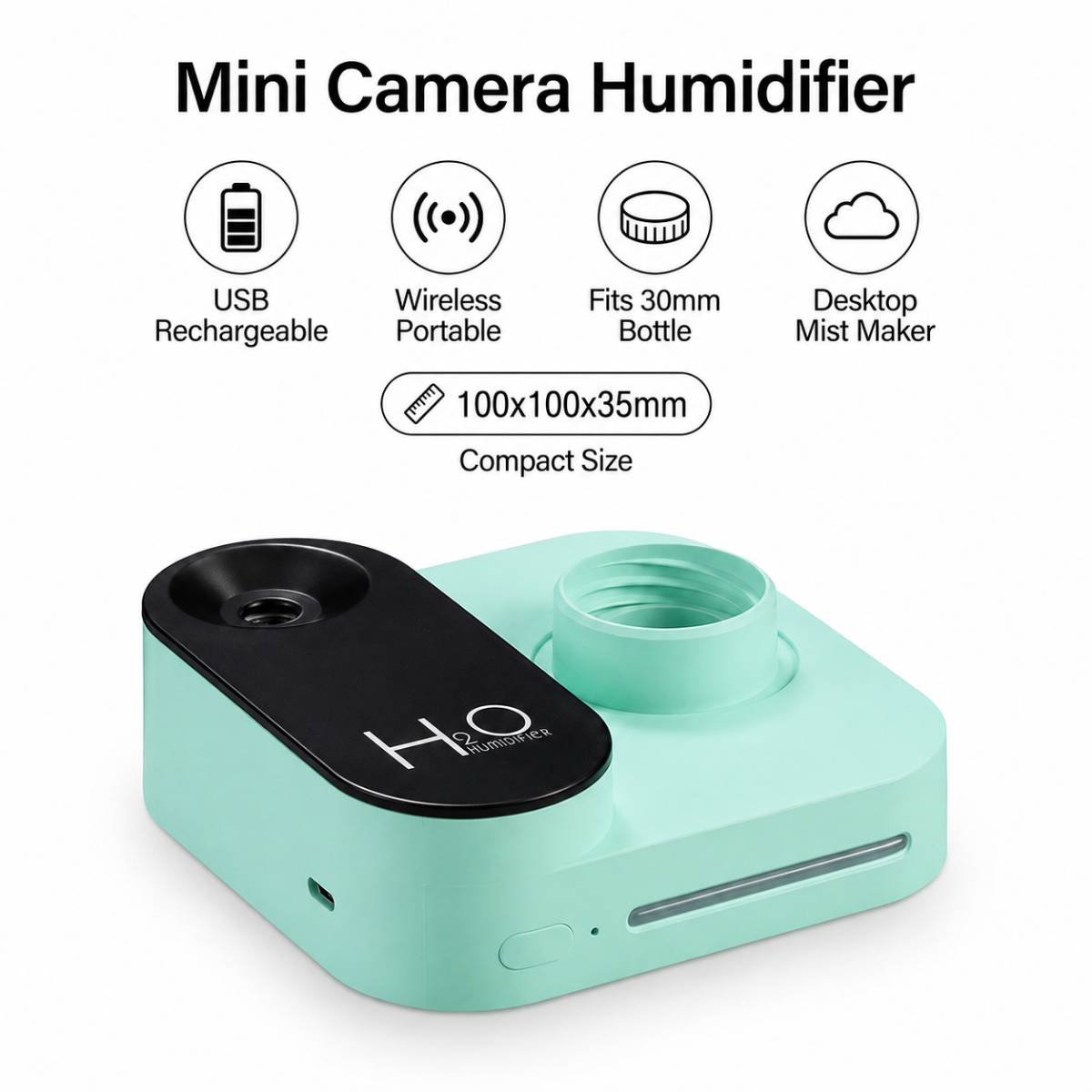 Green Mini Camera Humidifier, USB Rechargeable Portable Water Bottle Humidifier with LED Night Light, Wireless Desktop Mist Maker for Office, Bedroom, Travel & Car