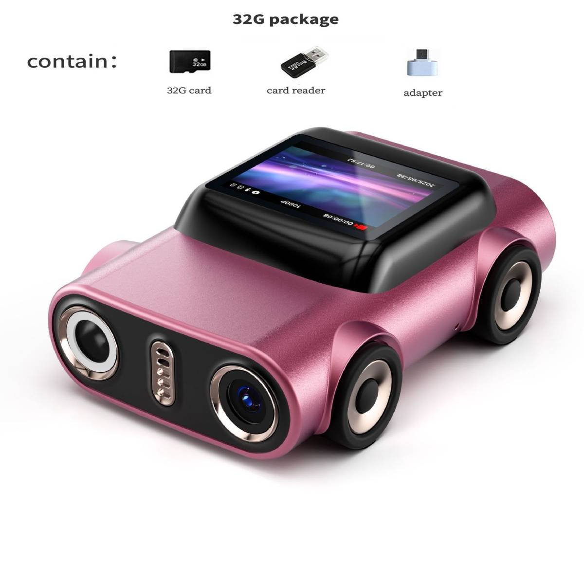 Creative Car-Shaped 2K HD Thumb Camera: Mini & Portable, Auto Focus, Clear in Low Light, Captures Every Wonderful Moment of Childhood and Life(G5 Rose Red 32G Memory Card）
