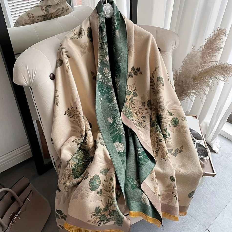 Bohemian-style Faux Cashmere Shawl Scarf, Soft, Warm, and Stylish for Autumn and Winter(GREEN)