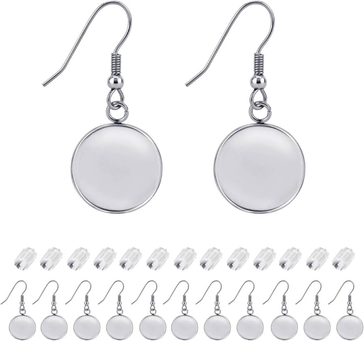 Earring Kit 30pcs Blank Ear Wire Hook 14mm Stainless Steel Cabochon Setting Earring Bezel with Rubber Backs for Cabochon Resin DIY Earwire Making (14mm, 30pcs)