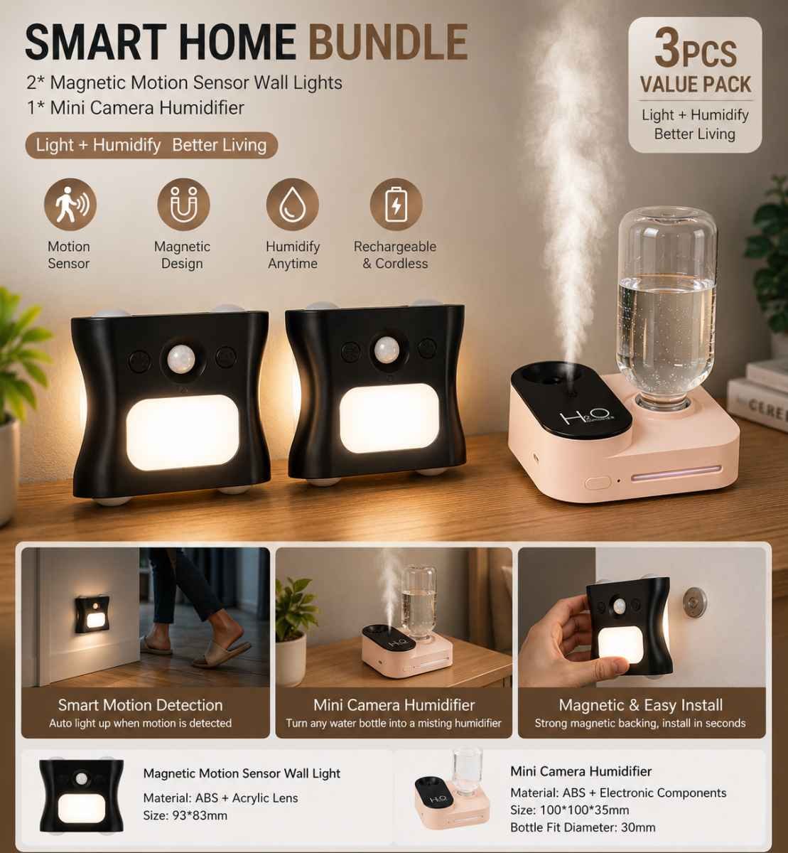 3PCS Smart Home Atmosphere Set – Pink USB Rechargeable Camera Humidifier & 2pcs Black RGB Motion Sensor Wall Light, Magnetic Wireless Night Lamp with Remote Control for Bedroom, Living Room & Office