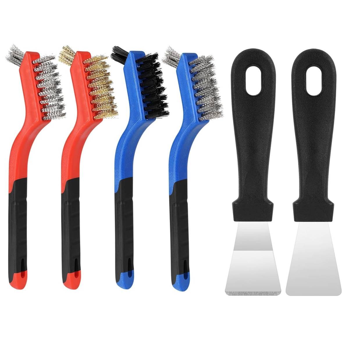 Wire Brush with Scraper Cleaner, Multi-Purpose Stainless Steel/Brass/Nylon Bristle with Curved Handle Grip for Welding Slag Cleaning, Metal Rust Scratching, Paint Scrubbing and Dirt Removal