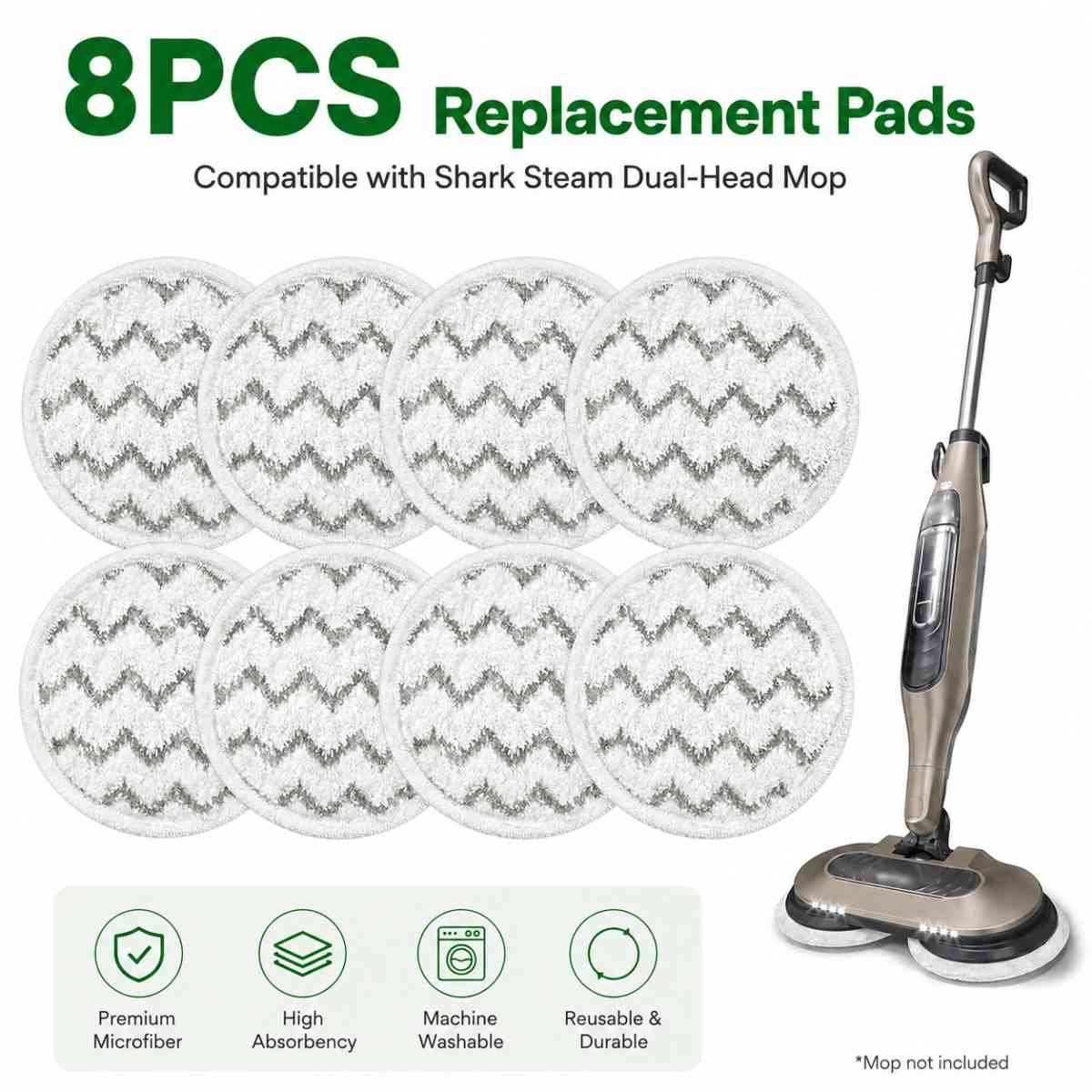 Style 5 Shark Steam Dual-Head Mop Replacement Pads 8 Pack - 7.5 Inch Reusable Round Microfiber Scrubbing Pads Compatible with Shark S7000, S7201, S8001, S8201, S7001, S7000AMZ, S7001TGT, S7005, S7020