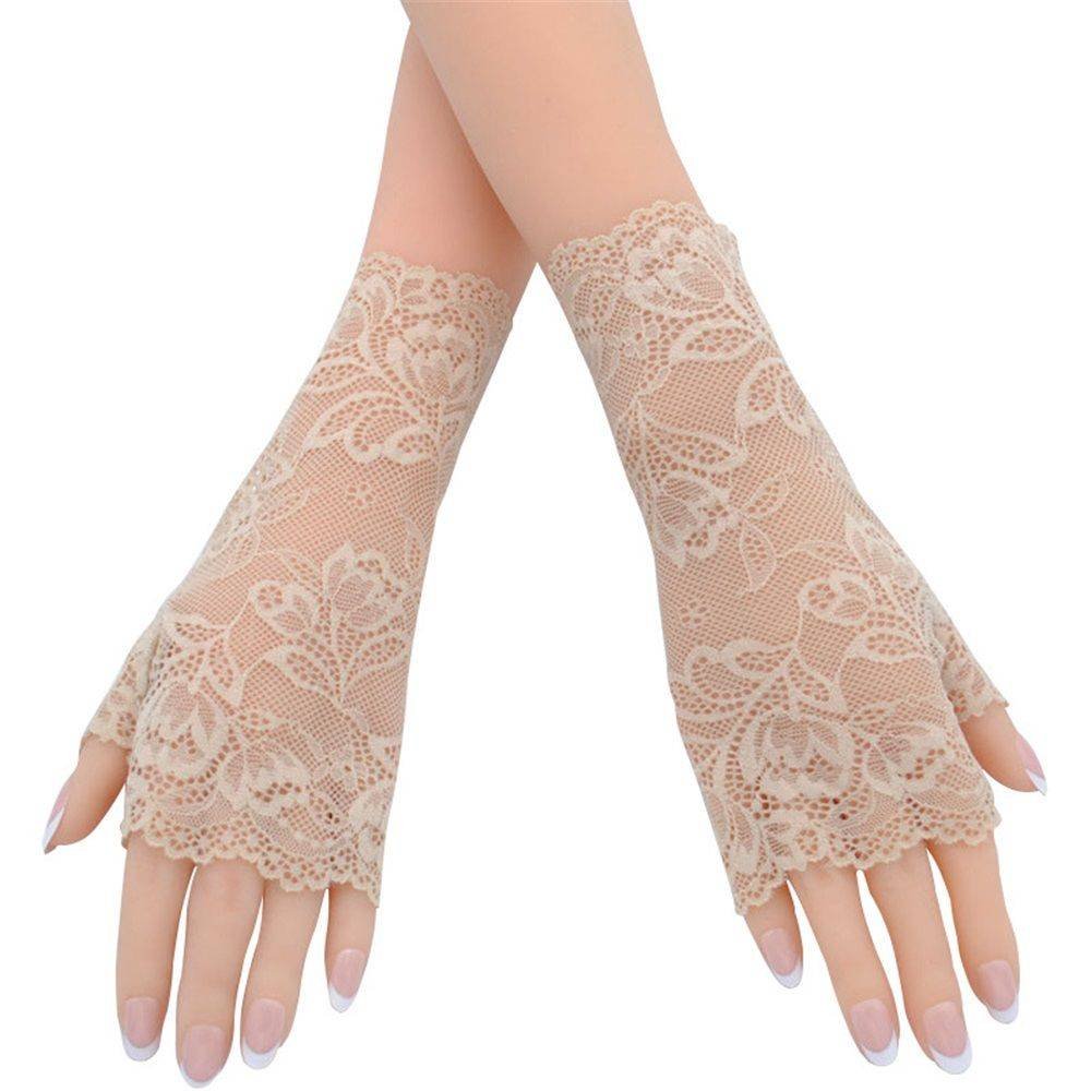 2 pairs Women Sunblock Short Lace Half Fingerless Gloves Fancy Wrist Length Bridal Wedding Events Party Glove （skin color）