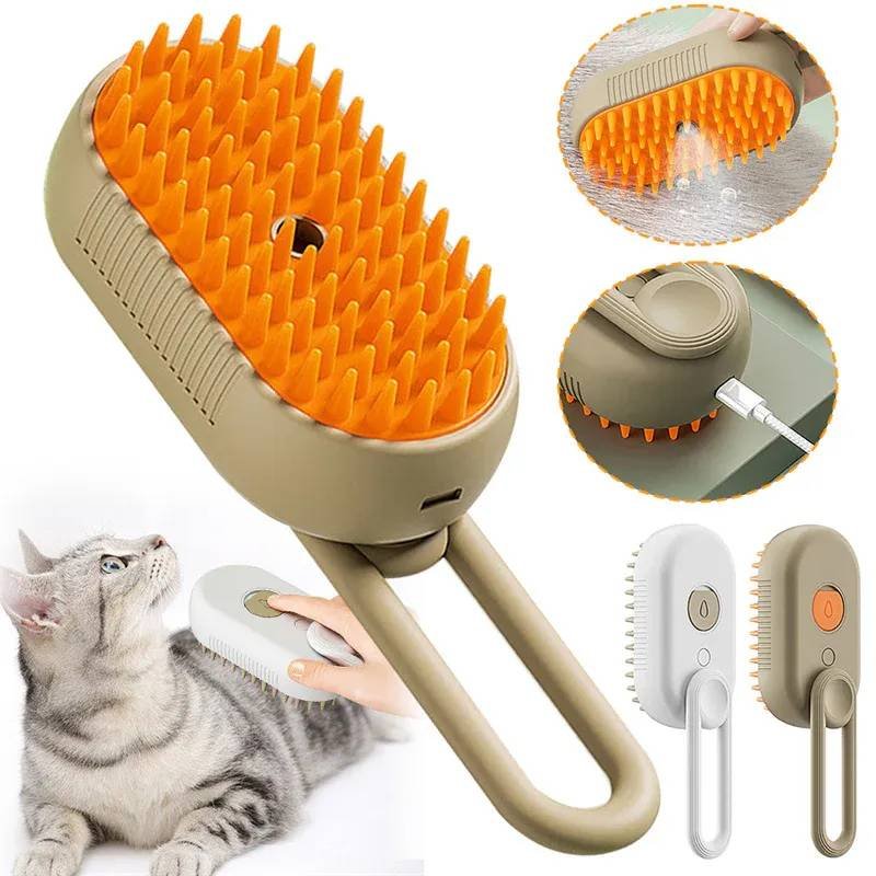 2 Piece Pet Steam Brush Set 3 in 1 Electric Spray Hair Removal Comb, White, USB