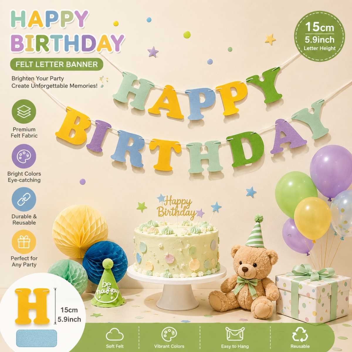 Blue and Green Happy Birthday Felt Banner Garland, Reusable Birthday Party Hanging Decoration, Colorful Letter Bunting for Kids Birthday, Baby Shower, Photo Booth & Celebration Backdrop