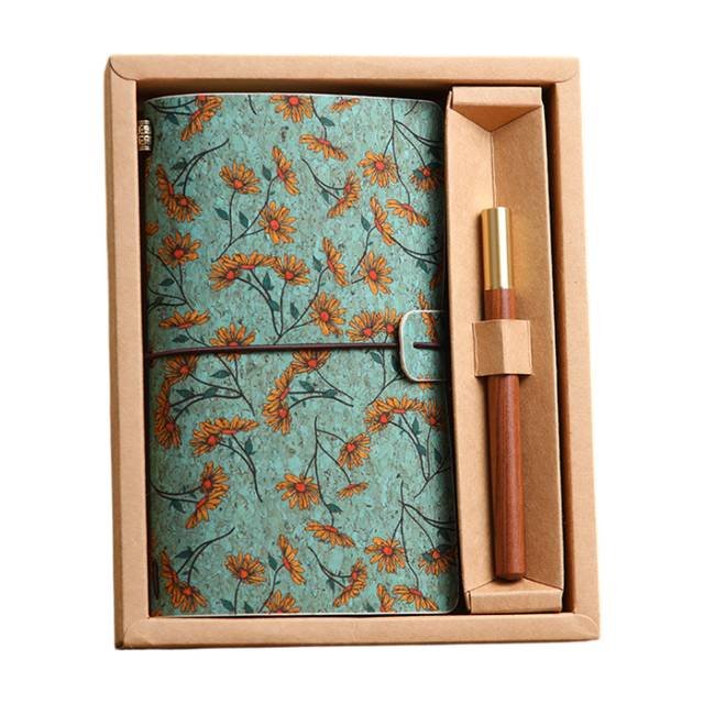 Wild Rose Retro A6 Travelers Leather Notebook & Wooden Pen Gift Box - Floral Botanical Loose-Leaf Journal with Bronze Charm, Kraft Paper and Lined Paper