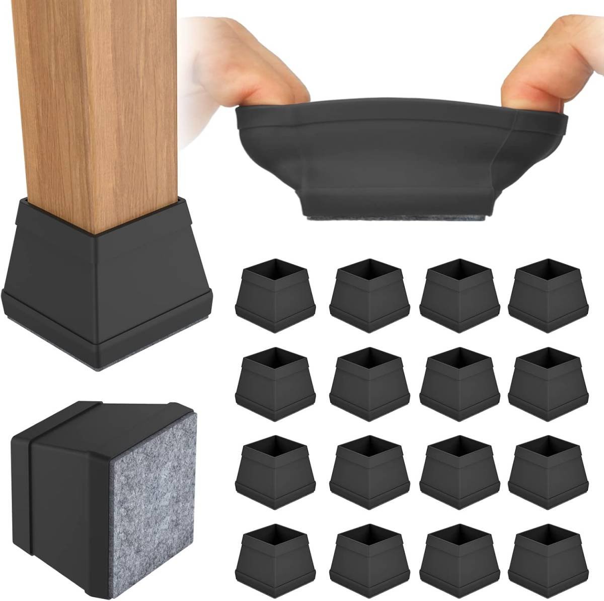 16 PCS Square Silicone Chair Leg Floor Protector, Chair Leg Cover, Furniture Leg Protector, Mobile Table and Chair Leg Cover, Protect The Floor from Scratches,1.5",Black.