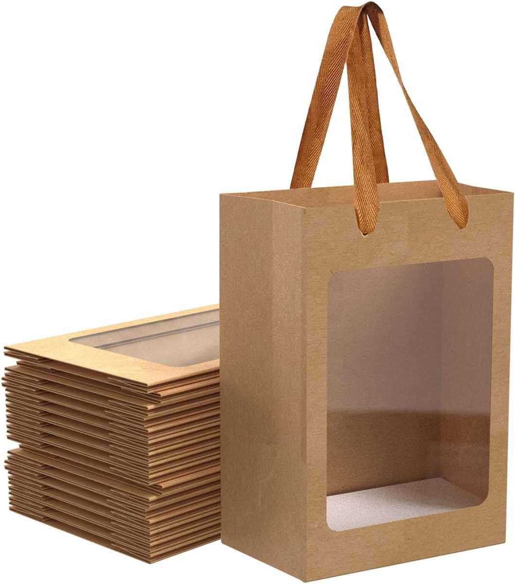 BallHull 12 Pcs Brown Paper Gift Bags with Transparent Window, 9.84"x7.0"x5.12" Kraft Shopping Bags with Handles for Bouquet Christmas Birthdays Festivals Party Weddings Wrapping