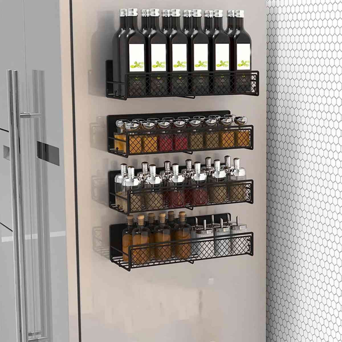 Magnetic Spice Rack for Refrigerator, Metal Strong Magnet Shelf, Space Saving Spice Organizer, Home Kitchen Storage Rack, Movable Magnetic Basket for Fridge Microwave Washing Machines Black