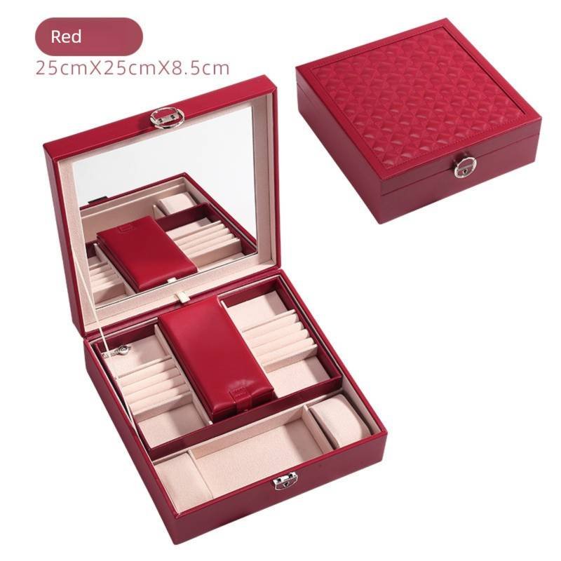 Red Large PU Leather Jewelry Box with Mirror & Lock - Velvet Lined Organizer for Rings, Necklaces & Watches