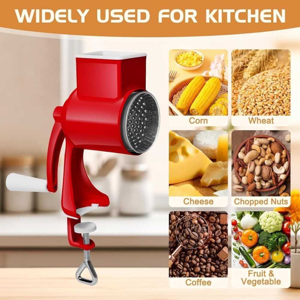 Manual nut grinder with 2 removable drum blades, cheese grater, peanut and almond grinder