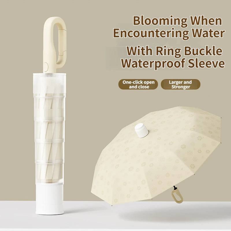 Black Foldable Automatic Open Umbrella with Retractable Waterproof Sleeve, Clip Handle and Winproof Dual Rib - Lightweight Rain Sun Umbrella, Large Diameter 105cm, Compact 37cm Storage, Flower Pattern Appears When Wet