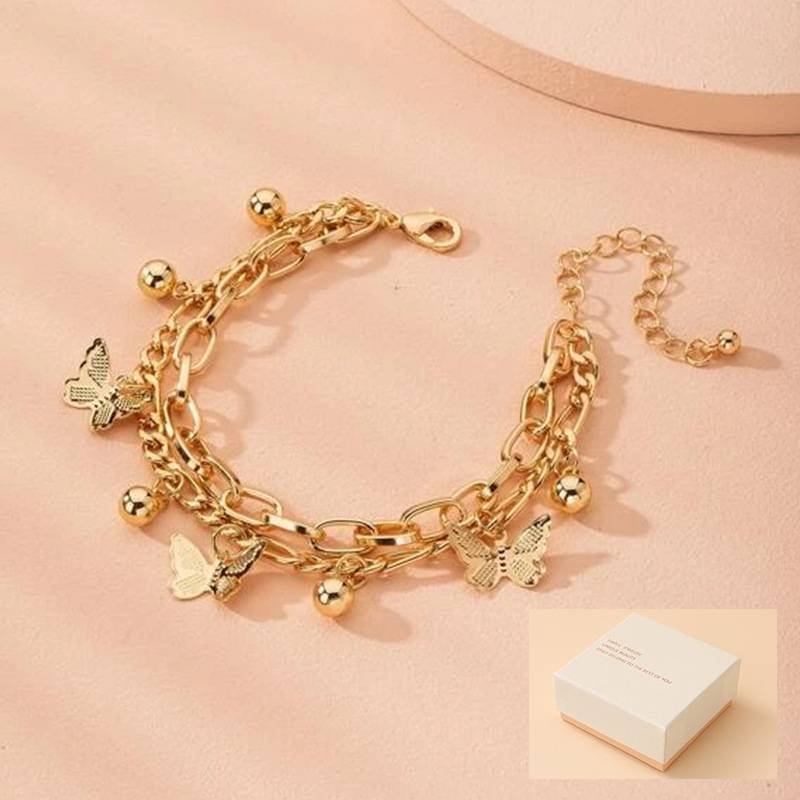 Aureate Butterfly Charm Layered Chain Bracelet - Gold and Silver Alloy Finish - Adjustable Double Strand Design, Lightweight Everyday Wear, Gift Ready，Gift Box Set