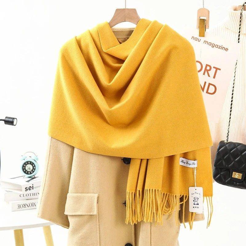 Solid Color Cashmere Wrap Scarf, Thickened for Warmth and Windproof, Bohemian-Style Winter Wardrobe Essential(YELLOW)