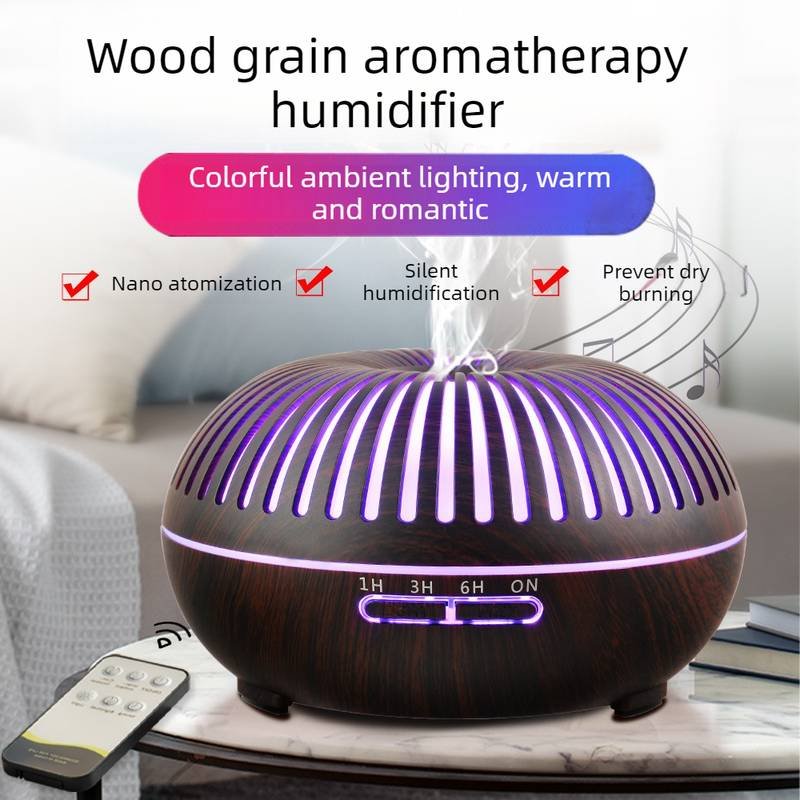 550ML Wood-Grain Aroma Diffuser and Humidifier with Bluetooth Speaker, 7-Color LED Night Light, Remote Control, Timer, and Auto Shut-Off – Dark Wood