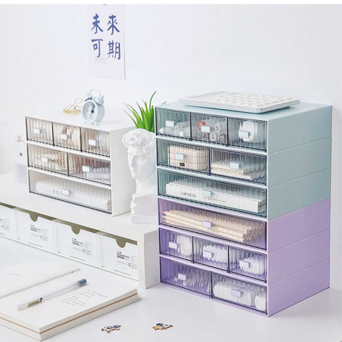 Desktop Drawer Organizer Waterproof Dustproof Plastic DIY Combination Multi Layer Stackable Drawer Storage Case Striped Pink 3 Drawers