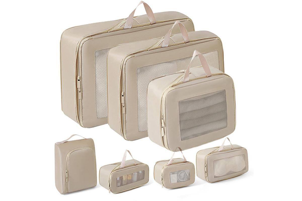 7 Set Compression Packing Cubes for Travel Luggage Organizer Bags for Travel Accessories - Khaki