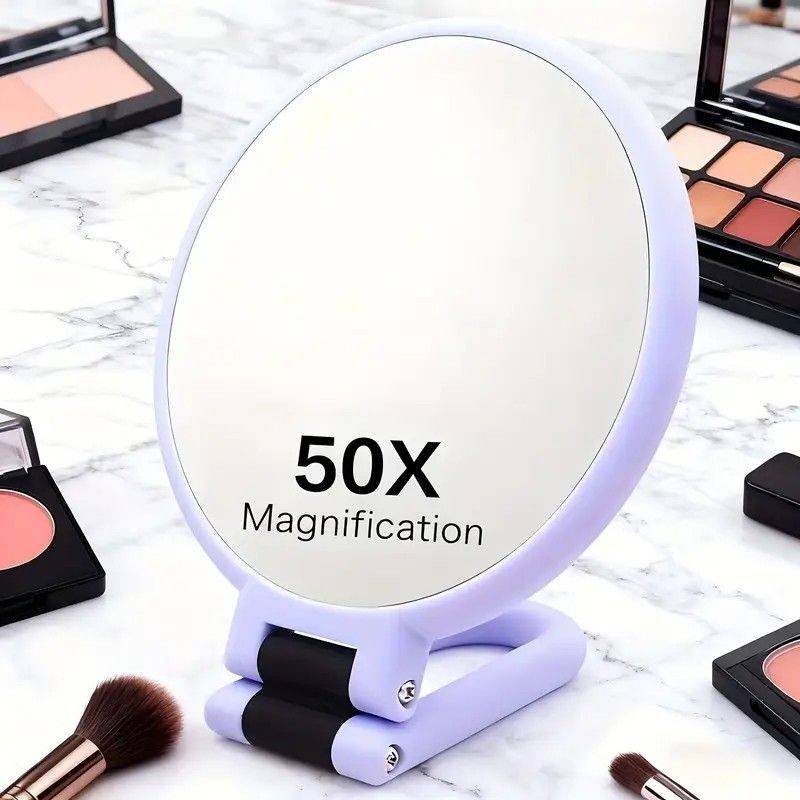 Double-sided Folding Makeup Mirror – 1X/50X Dual Magnification, 360° Rotatable and Foldable for Portability, Three Uses: Handheld, Desktop, Wall-mounted（purple）