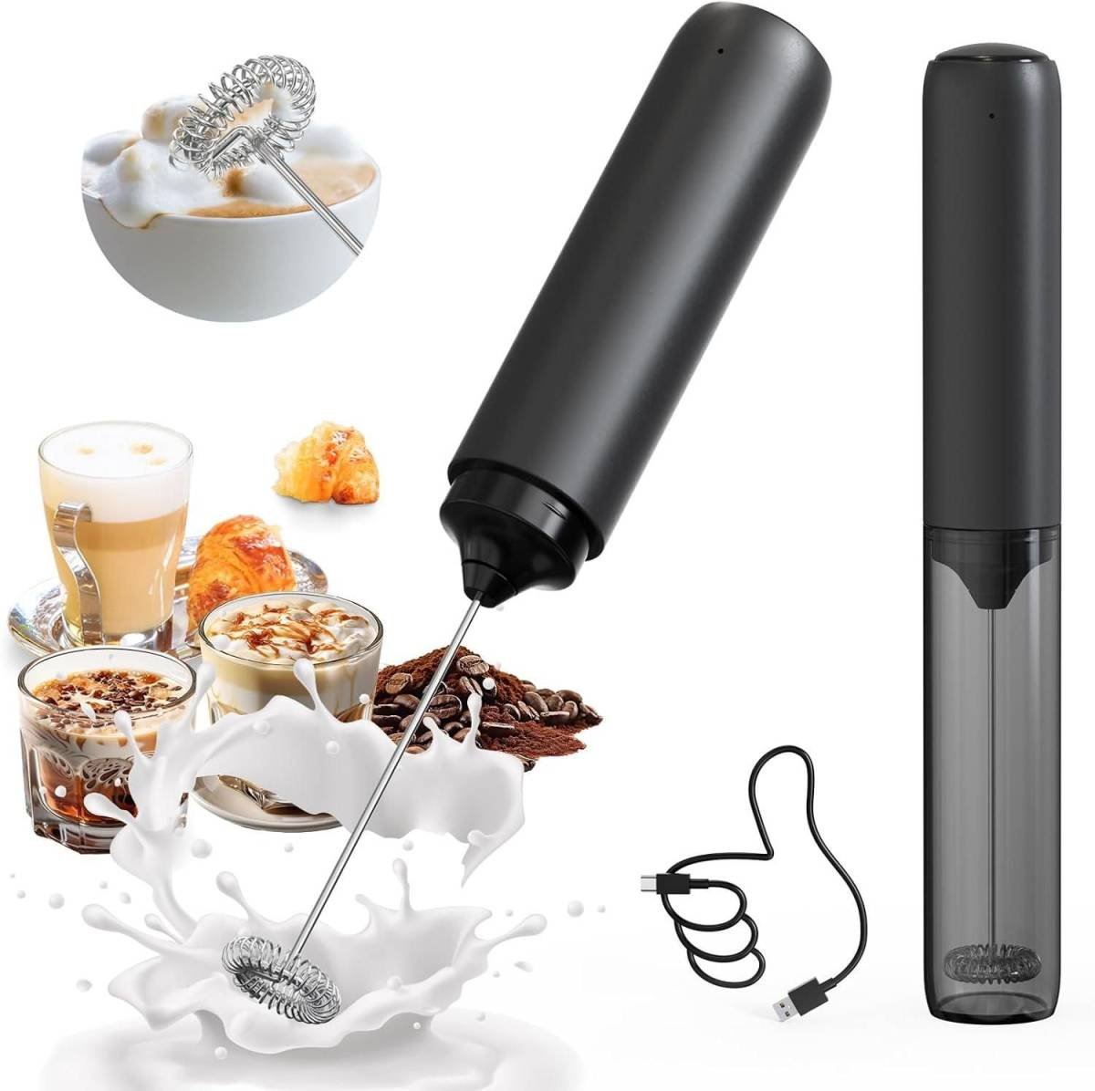 Electric Rechargeable Milk Mixer Handheld Frother USB Charging Black 1pc