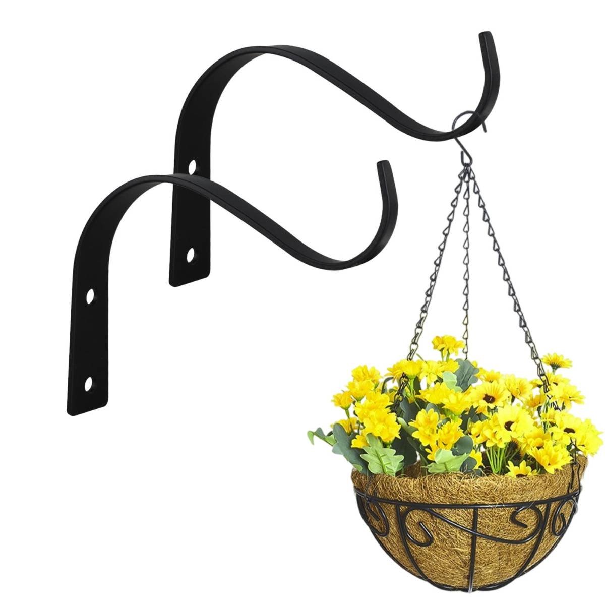 Darzheoy 2 Pack Iron Wall Hooks for Hanging Plant Lanterns, Plant Hanger Fence Metal Bracket for Bird Feeders, Wind Chimes, Outdoor Indoor Rustic Home Decor Black