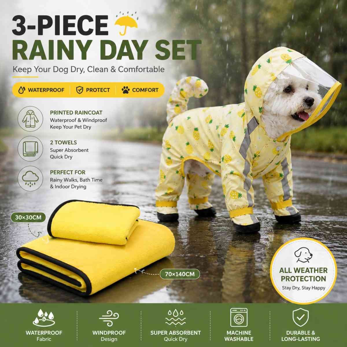 3-piece Dog Rainy Day Care Set with  Yellow XL size Waterproof Raincoat, 30x30cm Paw Towel and 70x140cm Pet Bath Towel, Quick-Dry Pet Rain Protection Kit for Small and Medium Dogs