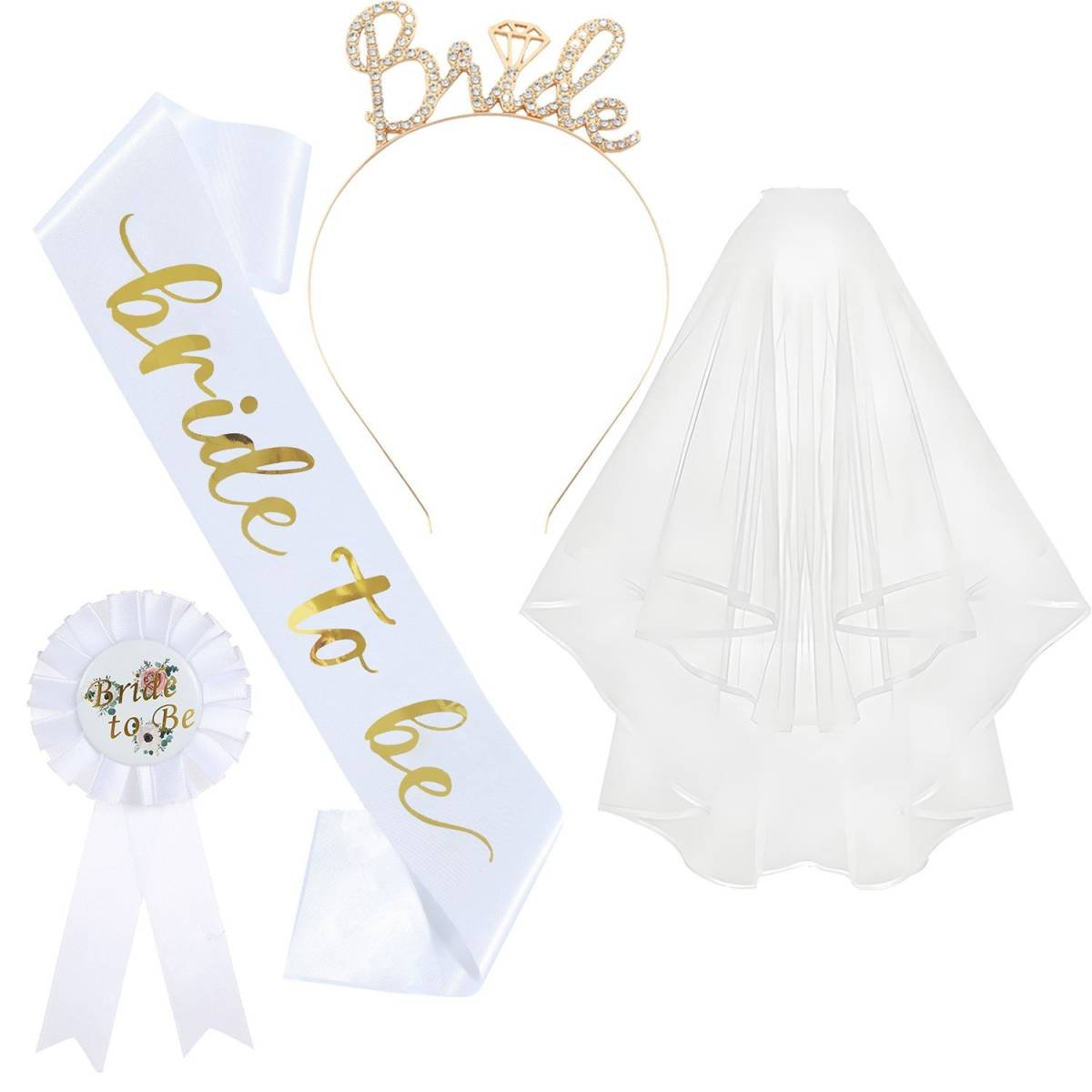 White and Gold Bride to Be Bachelorette Party Accessory Set, 4 Piece Bridal Shower Accessories Kit with Rhinestone Headband, Sash, Badge and Double Layer Veil with Comb