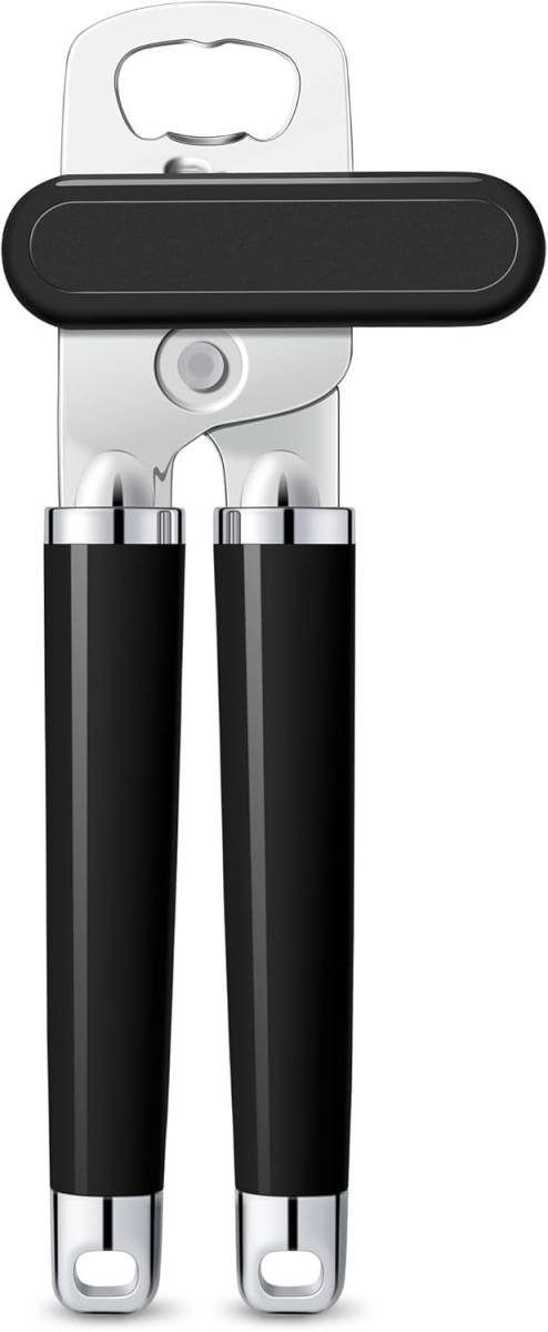 XL Large Heavy Duty Can Opener Manual Smooth Edge, Hand Held Can Openers for Seniors, Stainless Steel, Comfortable Handle, Built-in Bottle Opener, 8.66 inch (Black)