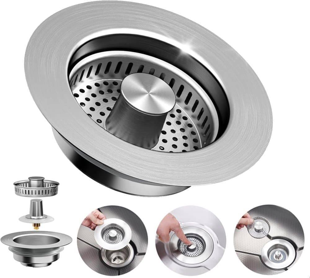 3-in-1 Stainless Steel Sink Strainer with Removable Basket, Easy to Clean Kitchen Strainer