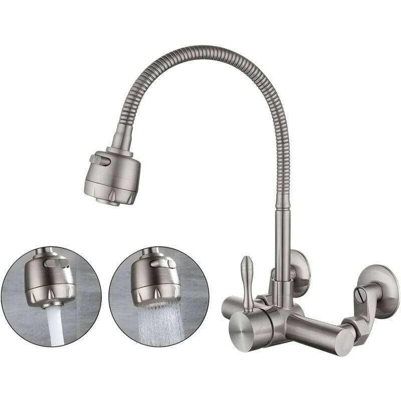 Wall Mounted Kitchen Faucet, Food Grade 304 Stainless Steel Material, 360° Rotatable Wall Mounted Kitchen Faucet 12CM-18CM Mounting Hole