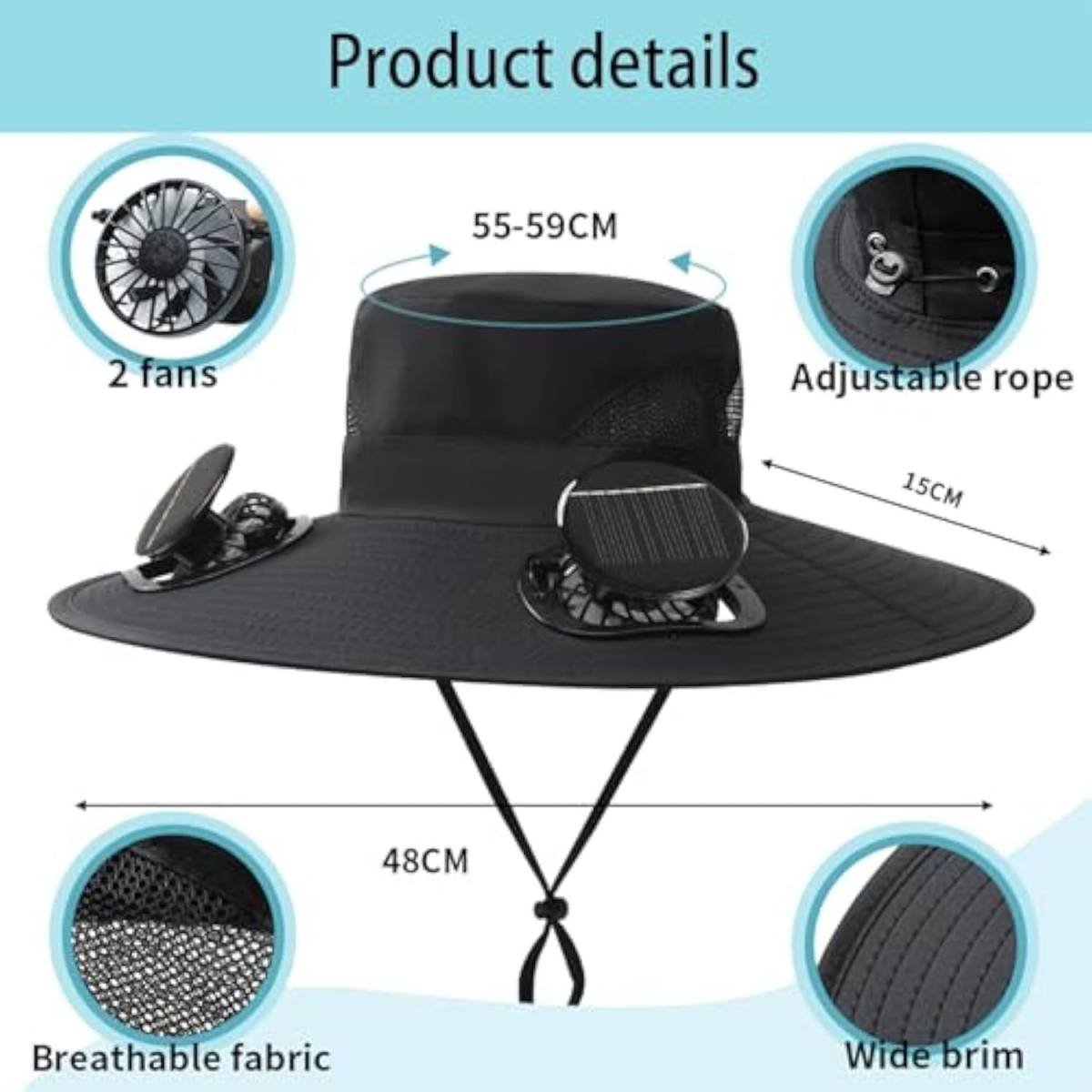 Darzheoy Solar Fan Hat Wide Brim Solar Fan Hat Outdoor Wide Brim Sun Hat with Solar Fan Fishing Hat, Removable & USB Charging Fan D-White