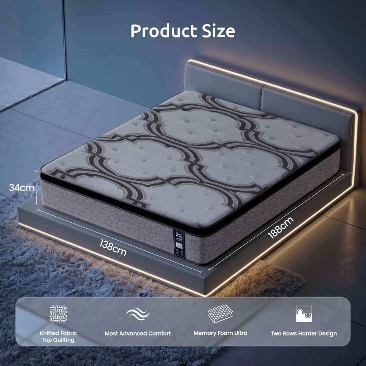 Levitex Double Mattress 34 cm 5-Zone Pocket Spring with Latex & Memory Foam or Extra Lumbar & Shoulder Support