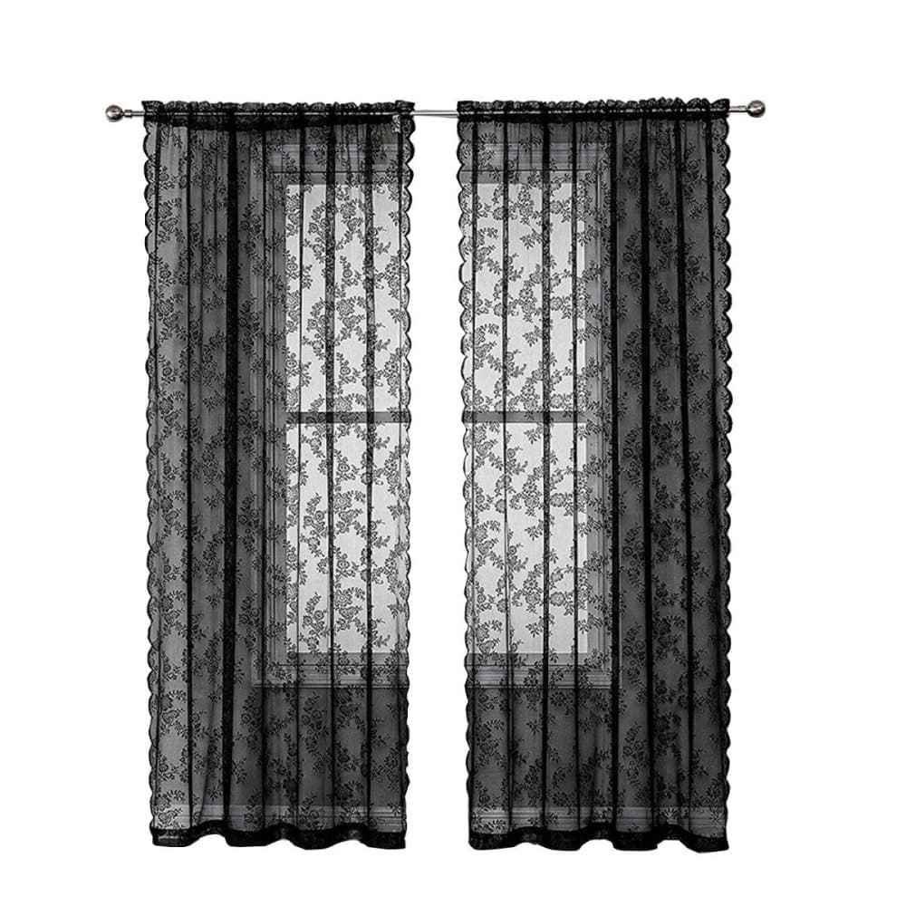 1 Pair Black Lace Curtain Semi-sheer Vintage Floral Pattern for Bedroom Living Room, W100cm x L200cm