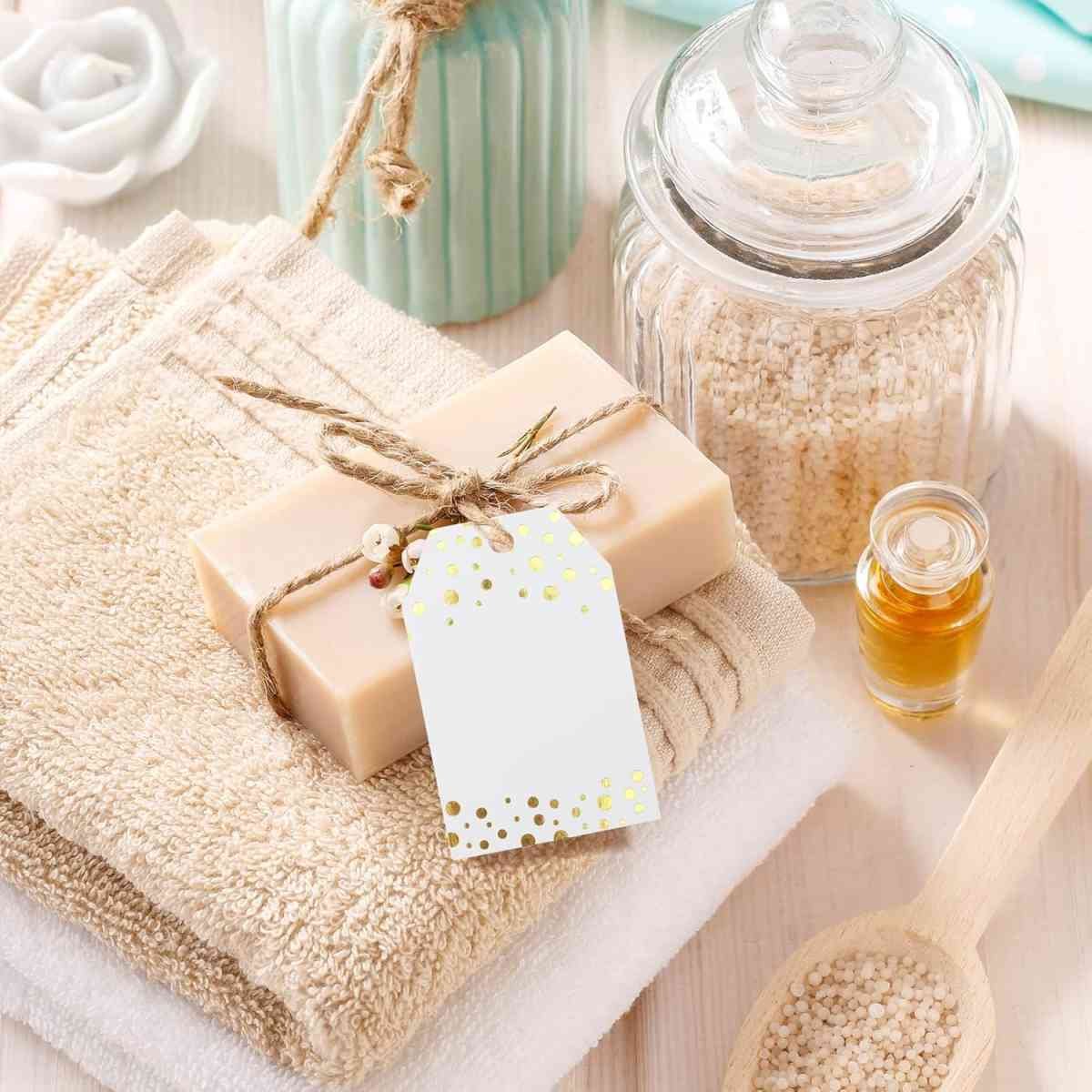 Gift Tags with String - 100Pcs Gold Foil Metallic Confetti Polka Dot Gift Bag Tags Personalized White Blank Hang Paper Label Tag for Birthday Party Bridal Shower Wedding Christmas Favor Present